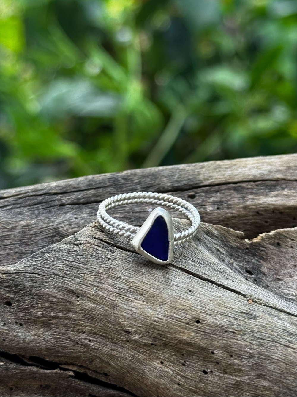 Cobalt blue  sea glass Sea tumbled sea glass sterling & fine silver ring